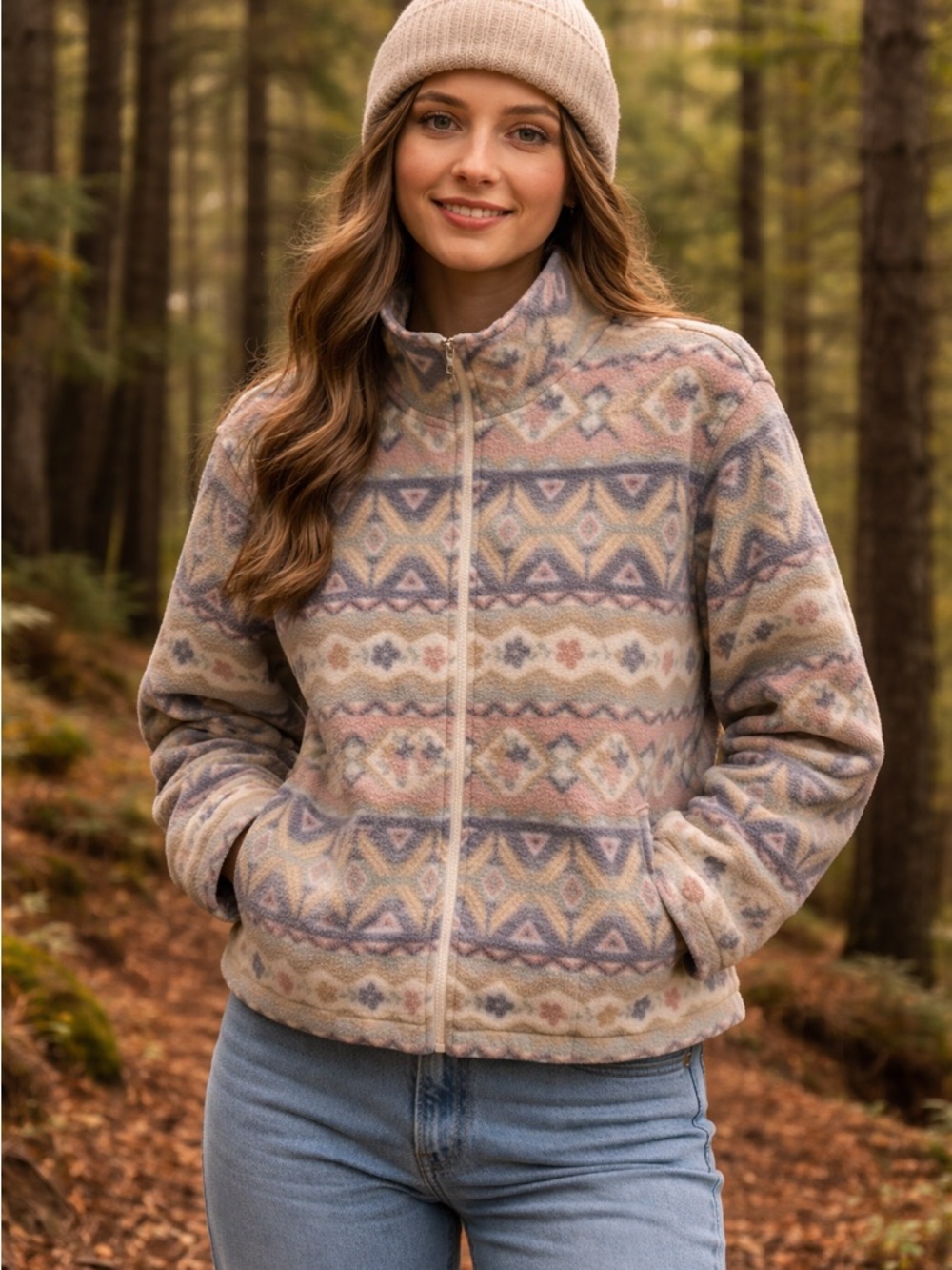 Alfred Dunner Pastel Geometric Fleece Zip Jacket retro oversized small / medium